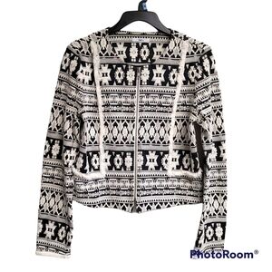 Bar III Black And White Aztec Tribal Print Fringed Full Zip Jacket